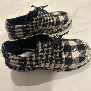 Simone Rocha black & white tweed shoes with lucite heel and pearl accents